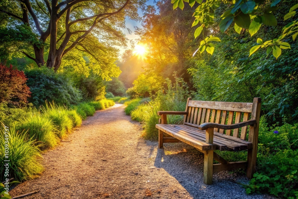 Gravel path winds through nature, leading to a rustic bench. Gravel path winds through nature, leading to a rustic bench.
