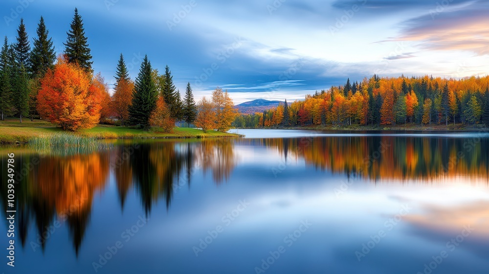 Obraz premium A still lake reflecting colorful autumn trees, a serene scene perfect for landscape photography in fall.