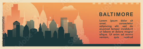 Baltimore city brutalism vector banner with skyline, cityscape. USA Maryland state retro horizontal illustration. United States of America travel layout for web presentation, header, footer