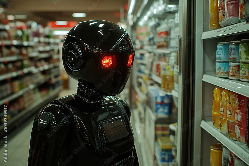Robot in a grocery store looking at items on a shelf Robot in a grocery store looking at items on a shelf