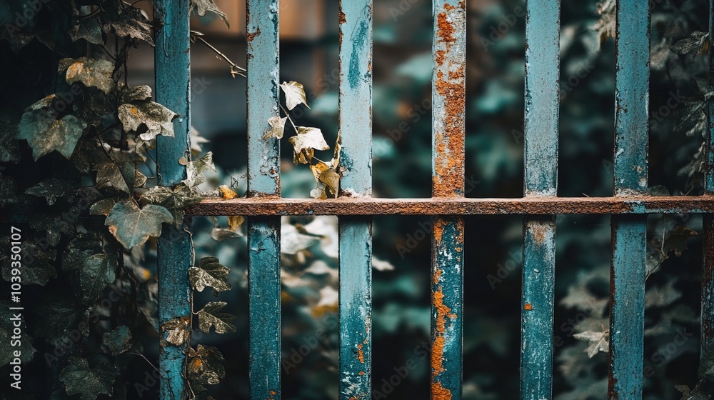 Closed factory gates with rusting metal and faded paint, symbolizing the decline of industry and the passage of time, reflecting a poignant reminder of economic shifts and the human impact of change Closed factory gates with rusting metal and faded paint, symbolizing the decline of industry and the passage of time, reflecting a poignant reminder of economic shifts and the human impact of change