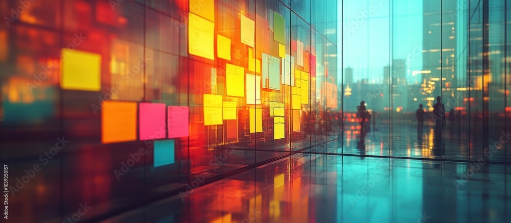 Silhouettes of people walking in a modern city with colorful glass panels reflecting the urban environment. Silhouettes of people walking in a modern city with colorful glass panels reflecting the urban environment.