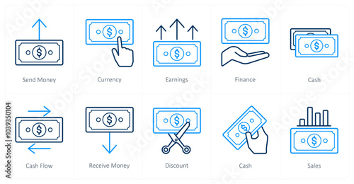 A set of 10 finance and money icons as send money, currency, earnings