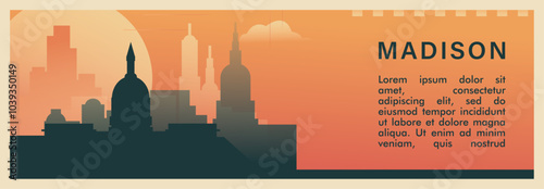 Madison city brutalism vector banner with skyline, cityscape. USA Wisconsin state retro horizontal illustration. United States of America travel layout for web presentation, header, footer