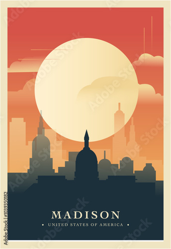 Madison city brutalism poster with abstract skyline, cityscape. USA Wisconsin state retro vector illustration. US travel front cover, brochure, flyer, leaflet, presentation template, layout image