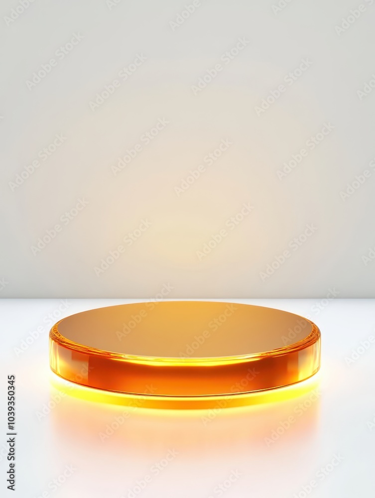 Floating gold podium illuminated by vibrant orange light, abstract design with smooth surfaces, luxurious and futuristic, perfect for branding visuals Floating gold podium illuminated by vibrant orange light, abstract design with smooth surfaces, luxurious and futuristic, perfect for branding visuals