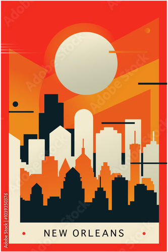 New Orleans city brutalism poster with abstract skyline, cityscape. USA Louisiana state retro vector illustration. US travel front cover, brochure, flyer, leaflet, presentation template, layout image
