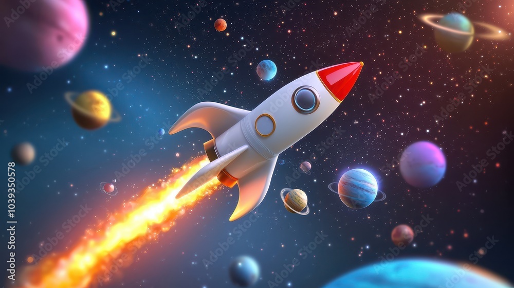 Naklejka premium A whimsical cartoon rocket ship soaring through space, leaving behind a trail of stars and colorful planets in the background