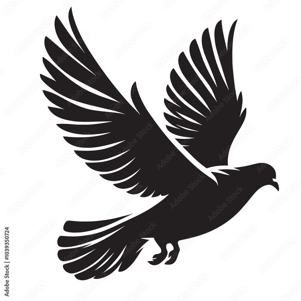 Obraz premium Black silhouette of a flying dove with wings spread.