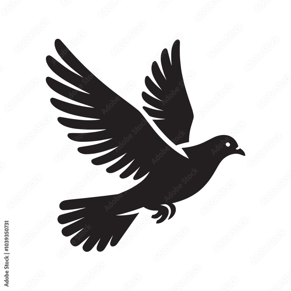 Black silhouette of a flying pigeon with wings spread. Black silhouette of a flying pigeon with wings spread.