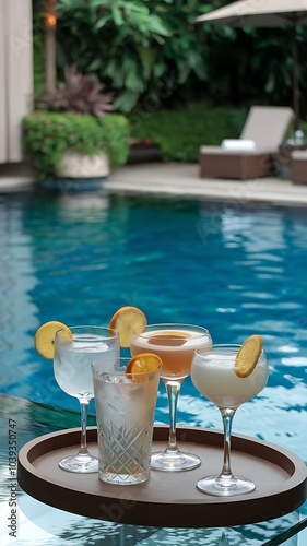 Luxurious Poolside Cocktails. Classic Drinks in Crystal Glasses with Citrus Garnish by the Blue Waters of a Modern Swimming Pool.