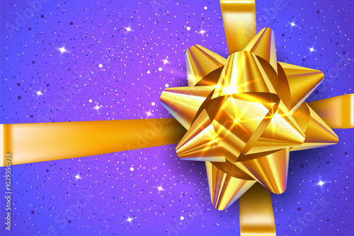 Realistic vector template. Horizontal blank banner with gold silk ribbons and a satin bow isolated on a blue background. Gift certificate. Greeting or sale card for birthday or Christmas party. 
