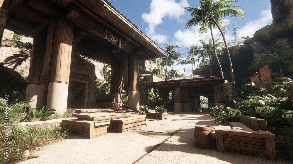 Fototapeta premium An outdoor area with a wooden roof, benches, and a sandy floor.