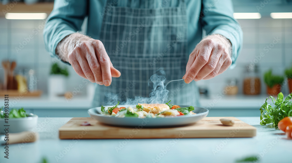 Person garnishing a delicious plate of food in a modern kitchen setting. Person garnishing a delicious plate of food in a modern kitchen setting.