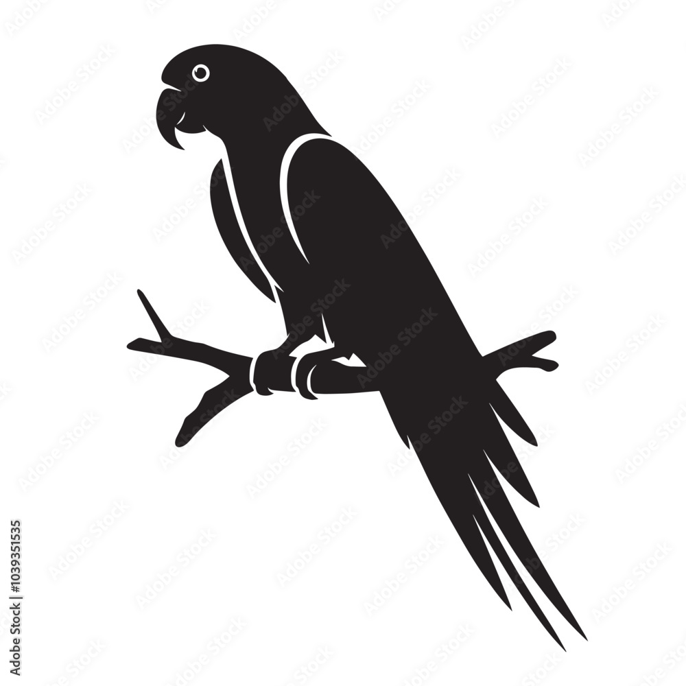Black silhouette of a parrot perched on a branch.