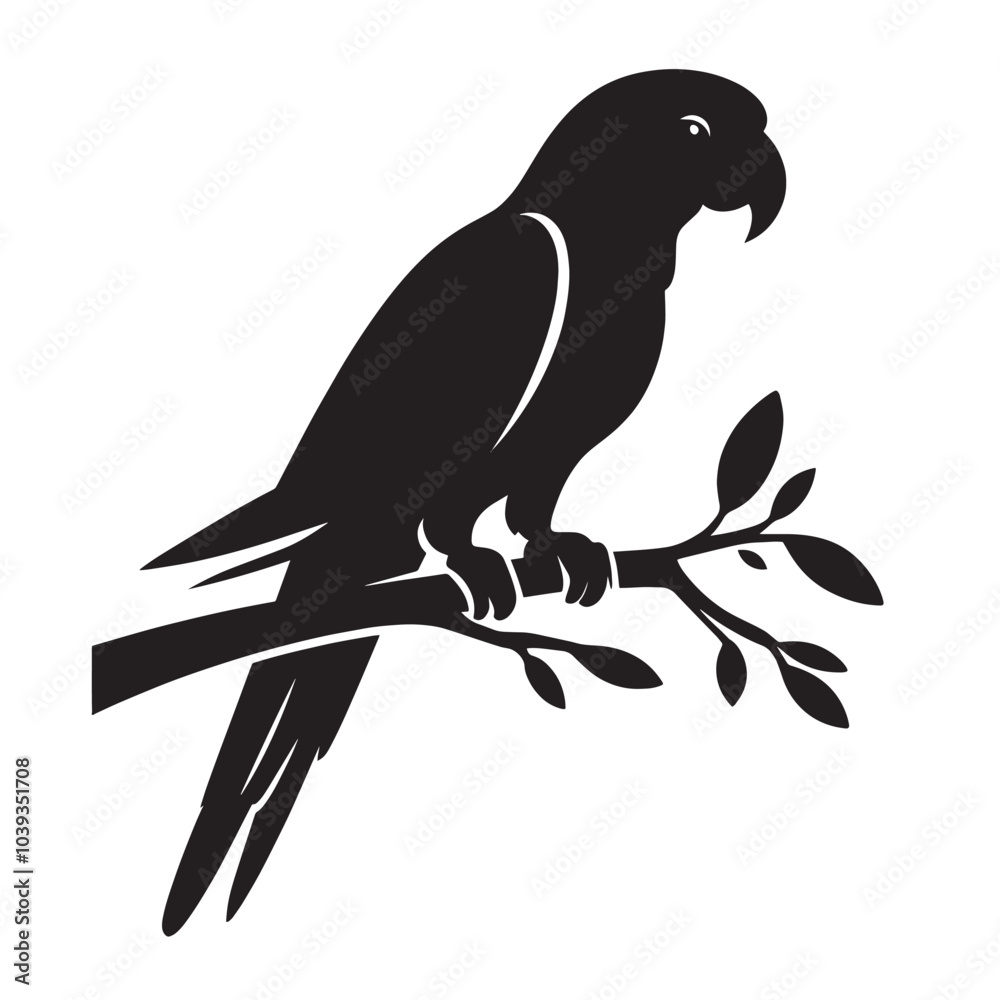 Obraz premium Black silhouette of a parrot perched on a branch.