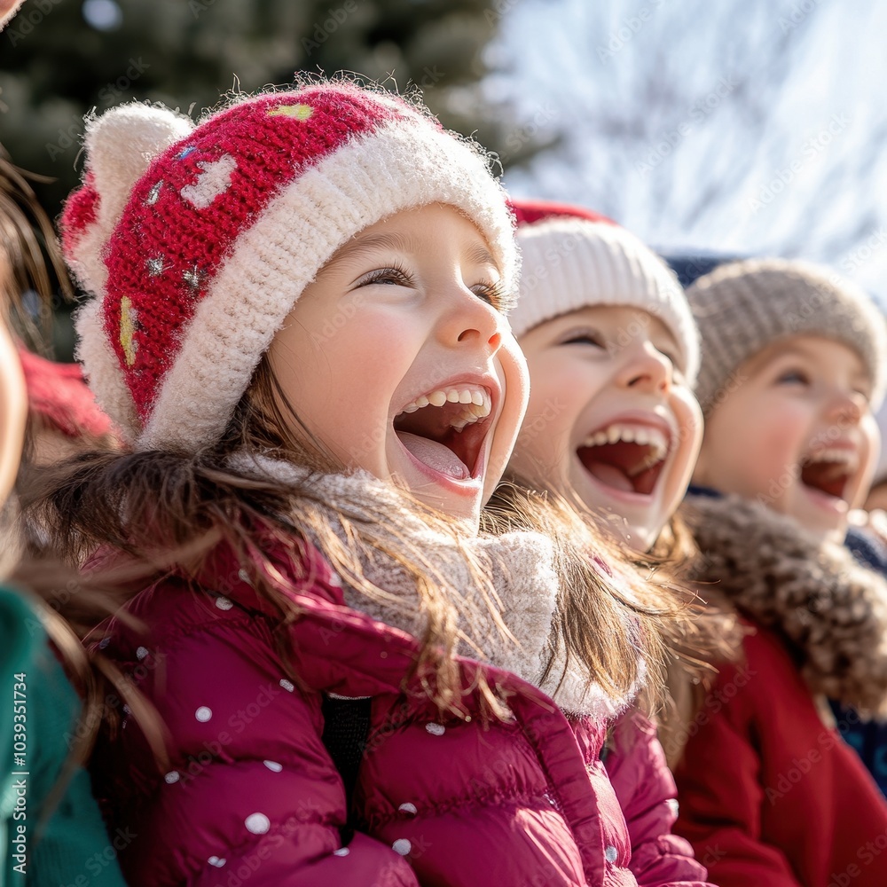 Obraz premium Children Joyfully Singing Together in Winter Hats