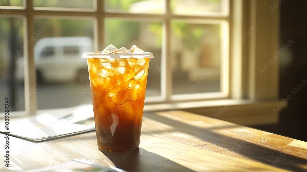 Iced Coffee Drink in Plastic Cup on Table Iced Coffee Drink in Plastic Cup on Table