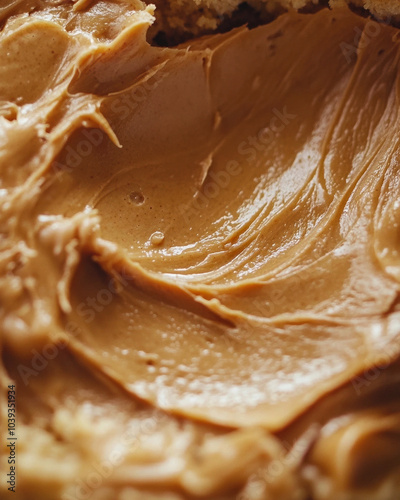 Creamy peanut butter smeared over a slice of banana bread, closeup texture photo