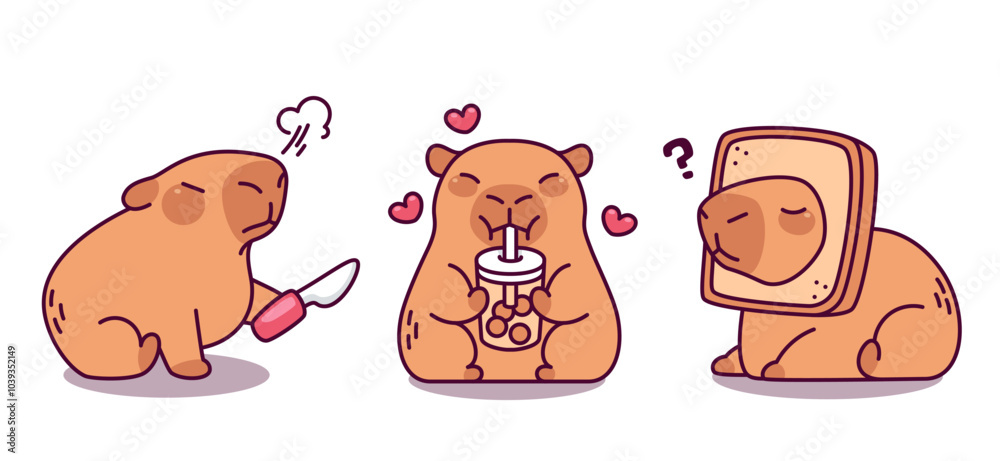 Fototapeta premium Cute funny capybara mascot in different poses. Cartoon vector rodent animal character capibara sitting with square bread on head, drinking cocktail or tea drink with straw, angry sitting with knife.