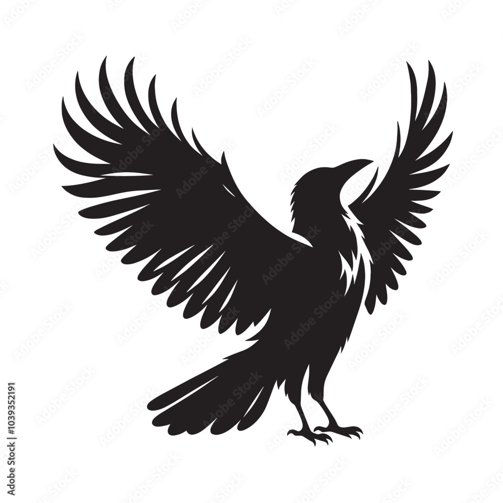 Fototapeta premium Black silhouette of a raven with outstretched wings.