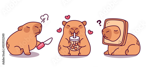 Cute funny capybara mascot in different poses. Cartoon vector rodent animal character capibara sitting with square bread on head, drinking cocktail or tea drink with straw, angry sitting with knife.