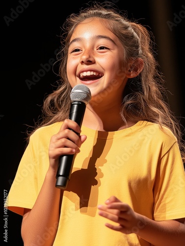 Joyful Teenage Girl Speaking with a Microphone