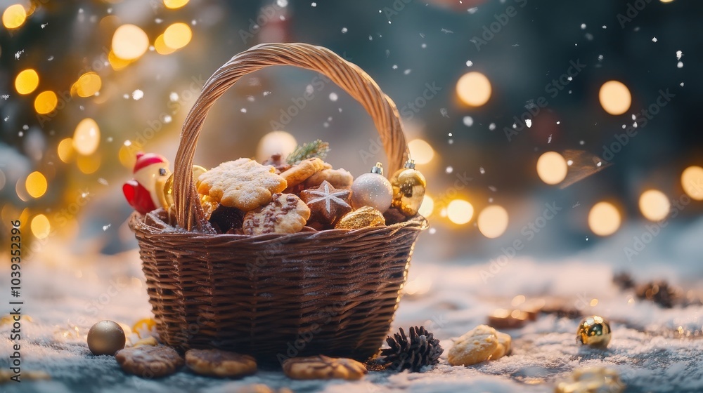 An empty scene featuring a Christmas-themed gift basket with homemade cookies and treats, 