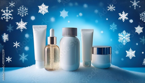 Festive image of skincare products surrounded by snow and pine, ideal for holiday-themed advertising