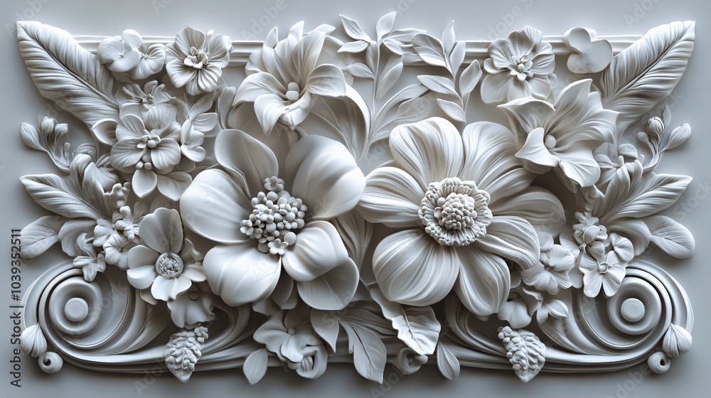 3D ornamental pattern in white clay, with carefully sculpted floral details and smooth, hand-carved textures that create a sense of depth and realism. 3D ornamental pattern in white clay, with carefully sculpted floral details and smooth, hand-carved textures that create a sense of depth and realism.