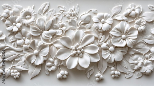 3D ornamental pattern in white clay, with carefully sculpted floral details and smooth, hand-carved textures that create a sense of depth and realism.