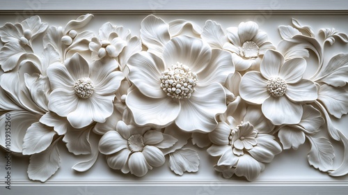 3D ornamental pattern in white clay, with carefully sculpted floral details and smooth, hand-carved textures that create a sense of depth and realism.