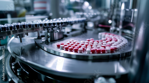 close up of pharmaceutical manufacturing equipment shows red and white capsules on production line, highlighting precision and efficiency of modern medicine production