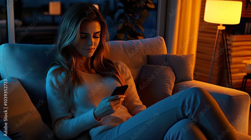 Woman relaxing on a couch, using a smartphone. Woman relaxing on a couch, using a smartphone.