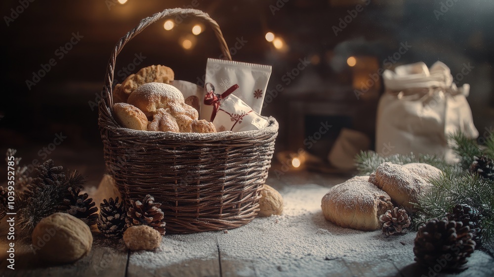An empty scene featuring a Christmas-themed gift basket filled with delightful baking kits, creating an ideal product mockup space, An empty scene featuring a Christmas-themed gift basket filled with delightful baking kits, creating an ideal product mockup space,