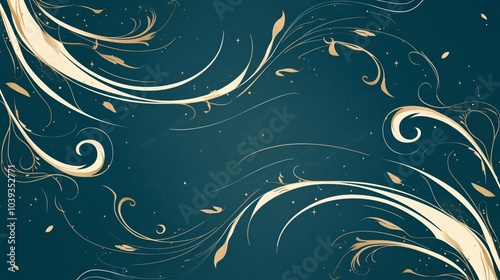 Abstract ornamental design with elegant white curves and tendrils flowing across a dark teal canvas, inspired by Art Nouveau's organic style.