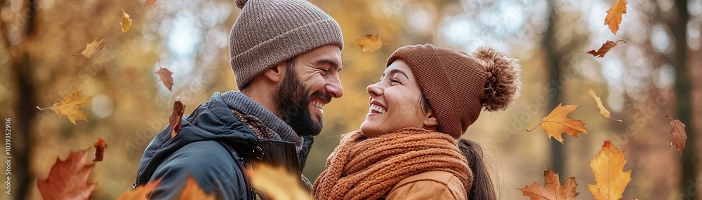 A joyful couple embracing in autumn, surrounded by falling leaves and warm colors. A joyful couple embracing in autumn, surrounded by falling leaves and warm colors.