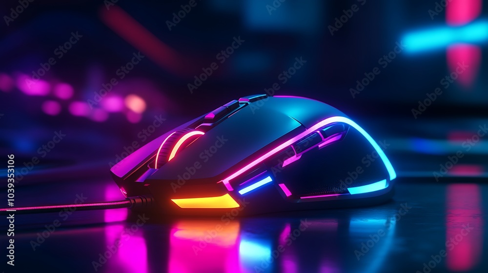 A black gaming mouse with RGB lighting sits on a reflective surface, casting a neon glow. A black gaming mouse with RGB lighting sits on a reflective surface, casting a neon glow.