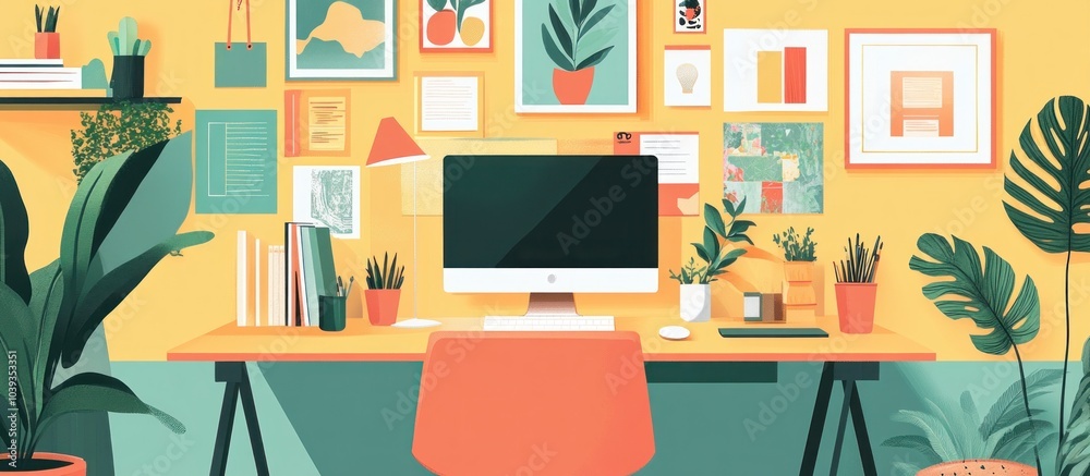 Modern minimalist home office with a computer, desk, plants, and colorful artwork on the yellow wall. Modern minimalist home office with a computer, desk, plants, and colorful artwork on the yellow wall.