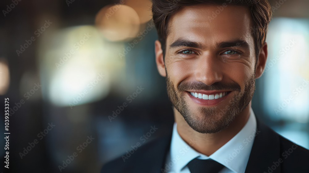 close up portrait of smiling businessman in suit, exuding confidence and professionalism. blurred background adds depth, highlighting his charismatic presence close up portrait of smiling businessman in suit, exuding confidence and professionalism. blurred background adds depth, highlighting his charismatic presence