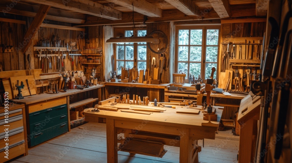 A cozy woodworking workshop with tools and timber, Workshop tools arranged neatly on workbenches, Rustic workshop style A cozy woodworking workshop with tools and timber, Workshop tools arranged neatly on workbenches, Rustic workshop style