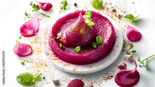 Beetroot puree with flecks of spices or ganic pure. created with Generative AI technology photo