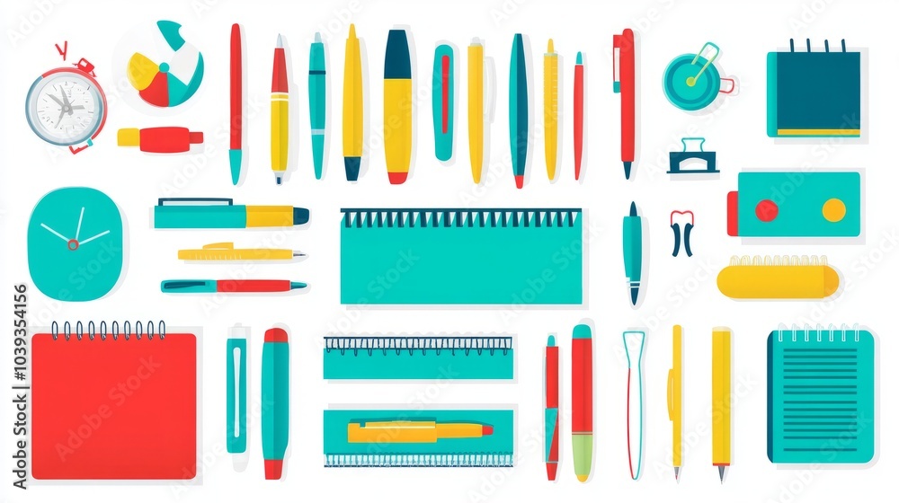 Flat lay stationery items in colorful design. Flat lay stationery items in colorful design.