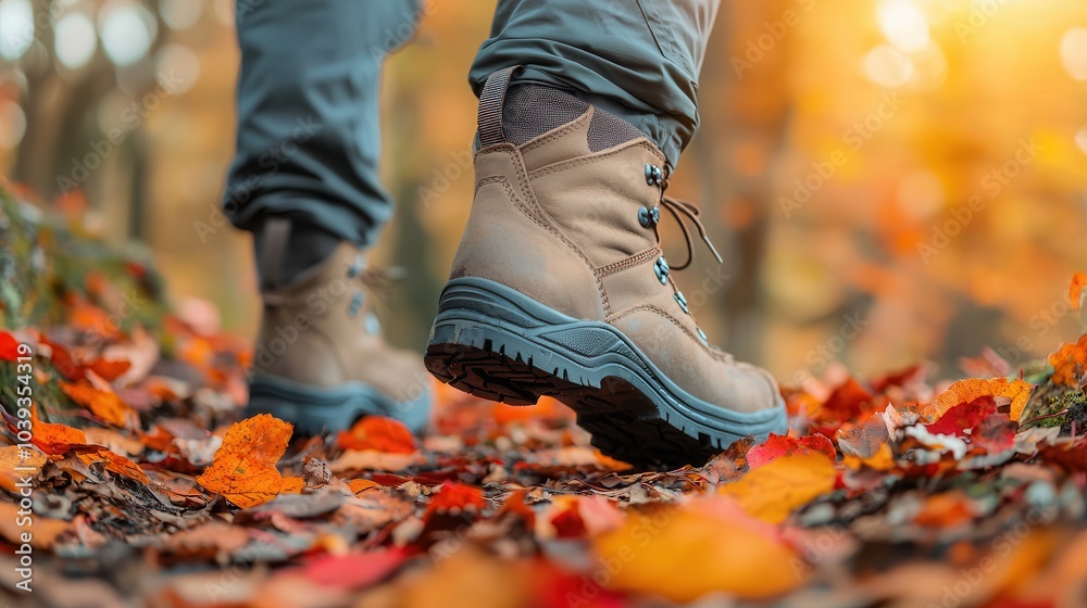 Person walking through autumn leaves, wearing hiking boots, nature background. Person walking through autumn leaves, wearing hiking boots, nature background.