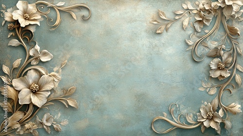 Delicate ornamental filigree patterns, blending Art Nouveau curves and natural motifs, set against a muted, antique parchment background.