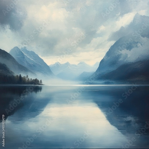 Landscape with calm lake and mountains