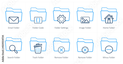 A set of 10 Folder icons as email folder, folder code, folder settings