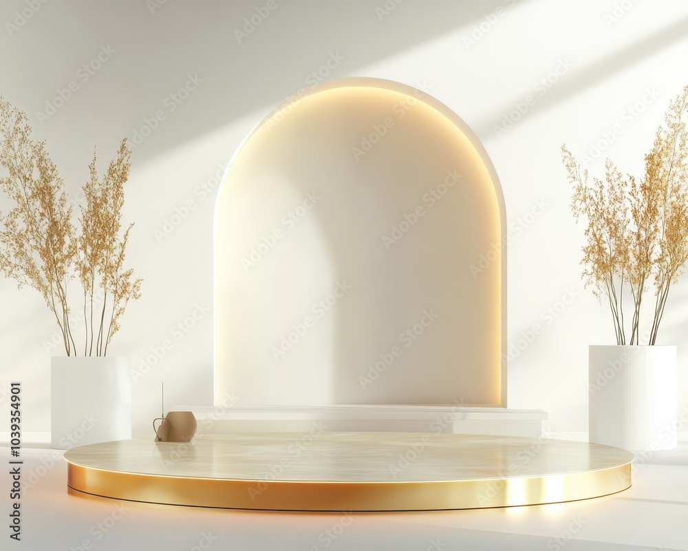 Luxurious gold platform illuminated by soft orange hues, surrounded by abstract shapes, minimalist yet extravagant display for luxury branding Luxurious gold platform illuminated by soft orange hues, surrounded by abstract shapes, minimalist yet extravagant display for luxury branding