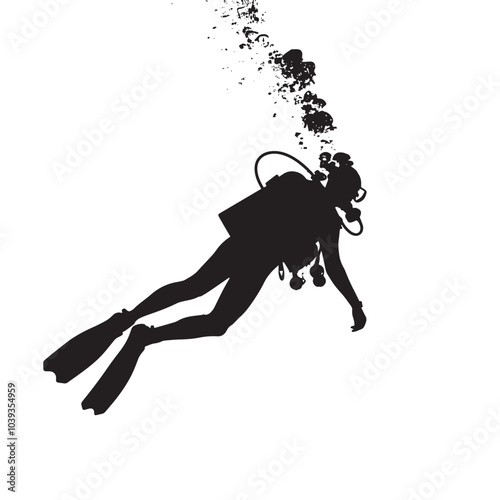 A silhouette of a diver swimming underwater isolated in White background