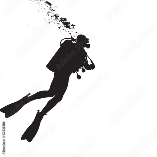 A silhouette of a diver swimming underwater isolated in White background
